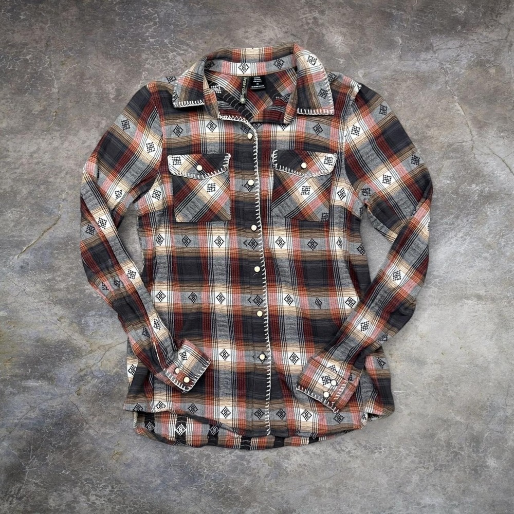 Ivory Love Women's Plaid Western Flannel Shirt Snap Button Boho medium